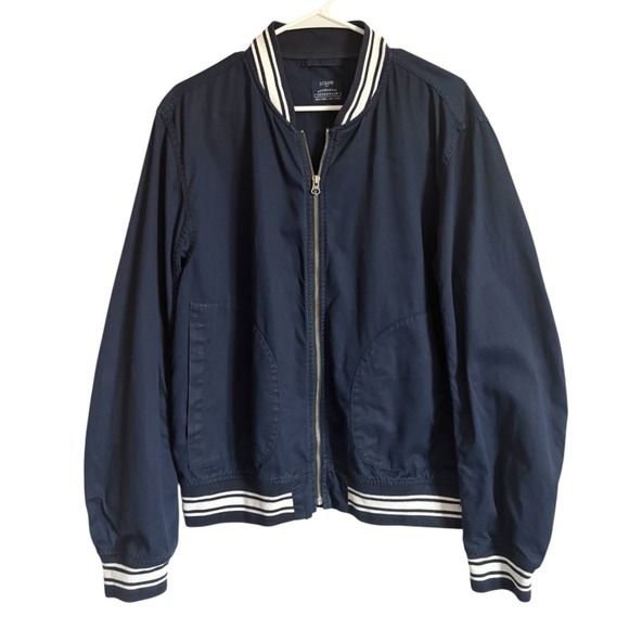 J.Crew Other - J.Crew Mens‎ Navy Blue Cotton Varsity Bomber Jacket Striped Trim Size L Full Zip